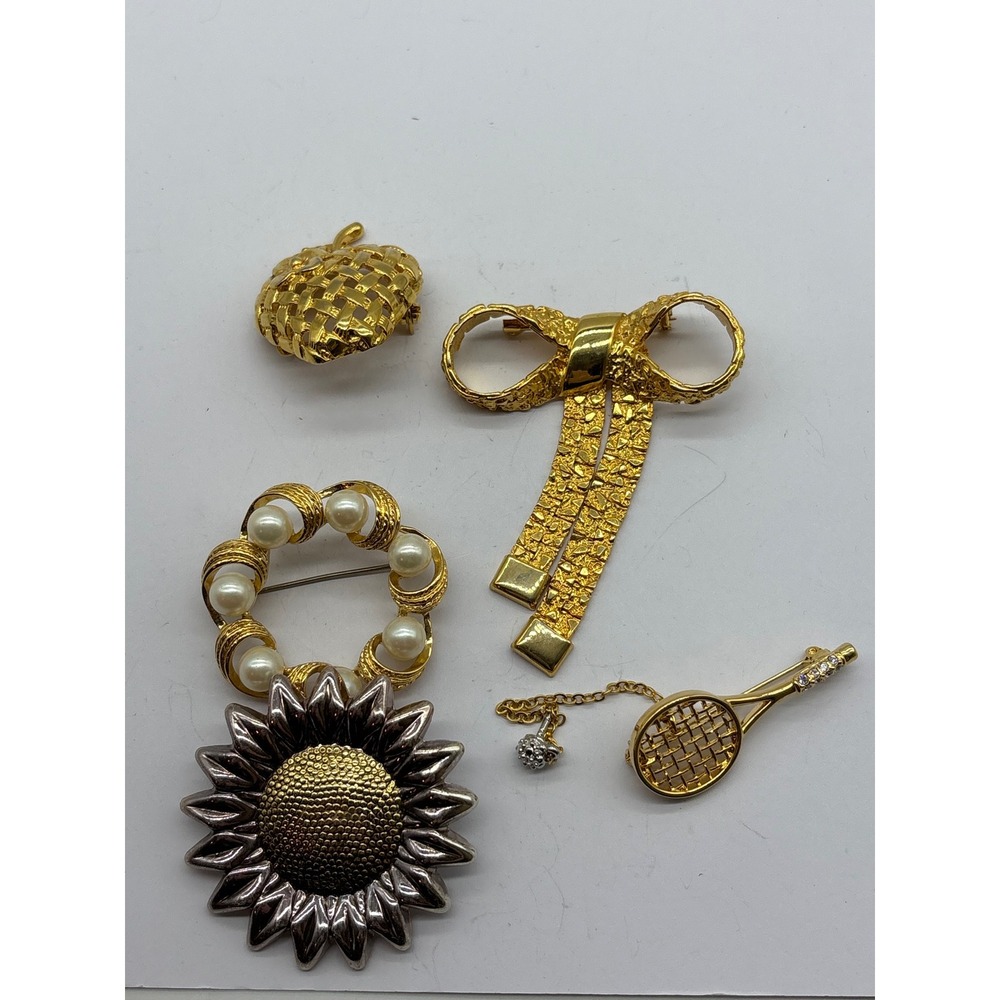 Vintage‎ Brooch Lot 5pc Gold Silver Tone Sunflower Pearl Bow Tennis Heart Pins